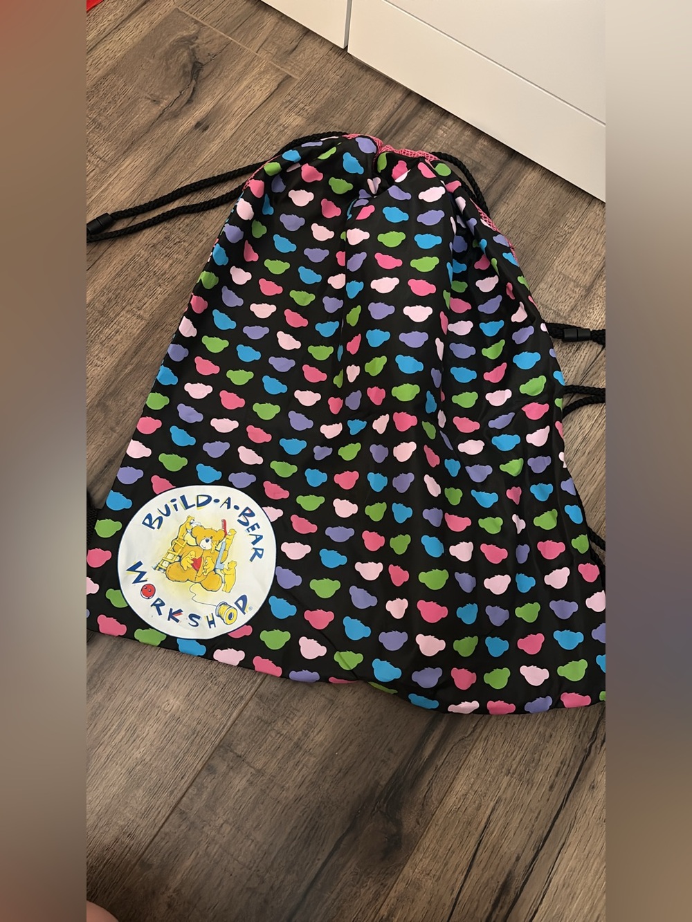 Build-A-Bear Black Drawstring Bag with Multicolor Bear Prints